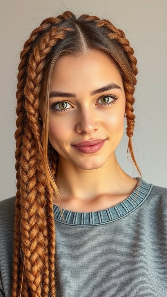A woman with honey brown knotless braids styled with face-framing layers.