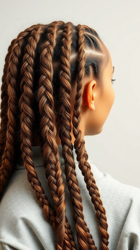 A close-up view of honey brown knotless braids with a natural texture.