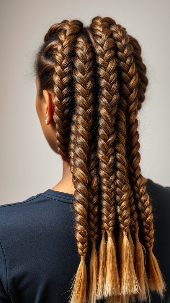Honey brown knotless braids with an ombre effect, showcasing a gradient from dark to light.