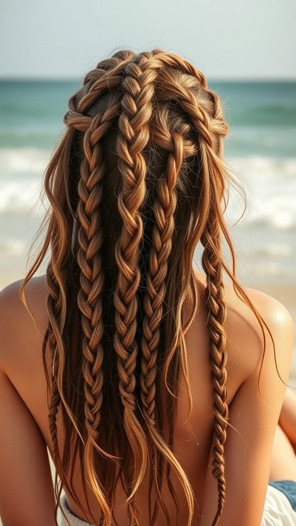 A woman with honey brown knotless braids styled with subtle waves, sitting by the beach.
