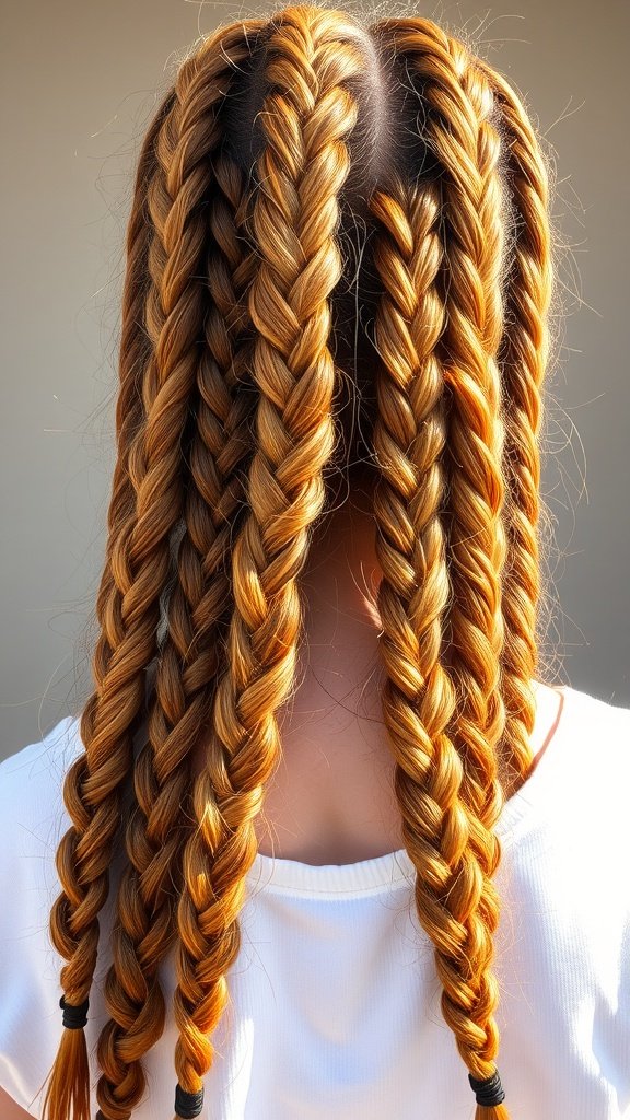 A close-up view of honey brown ombre knotless braids styled in a neat pattern.