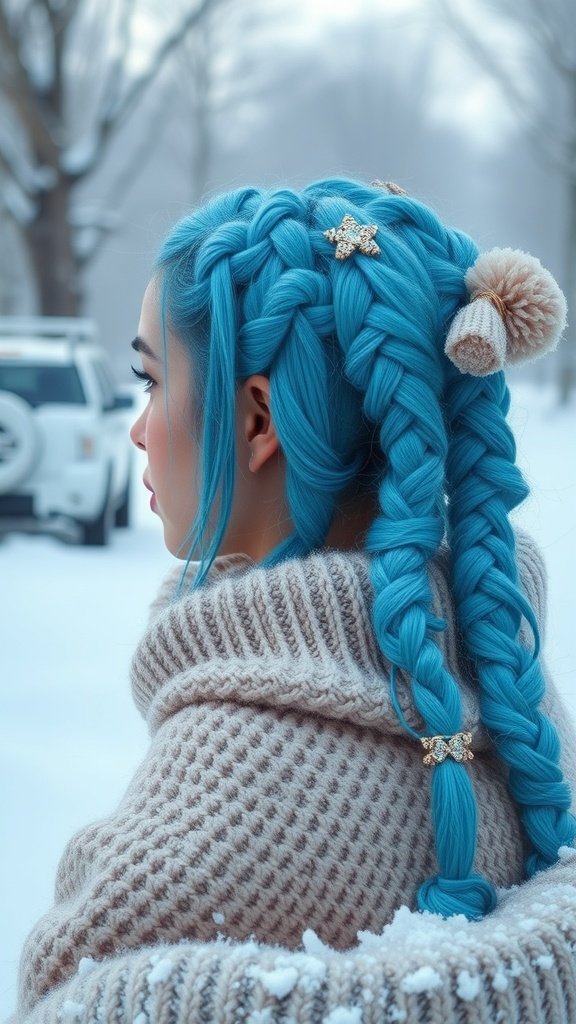 A person with icy blue knotless braids, wearing a cozy sweater, in a snowy environment.