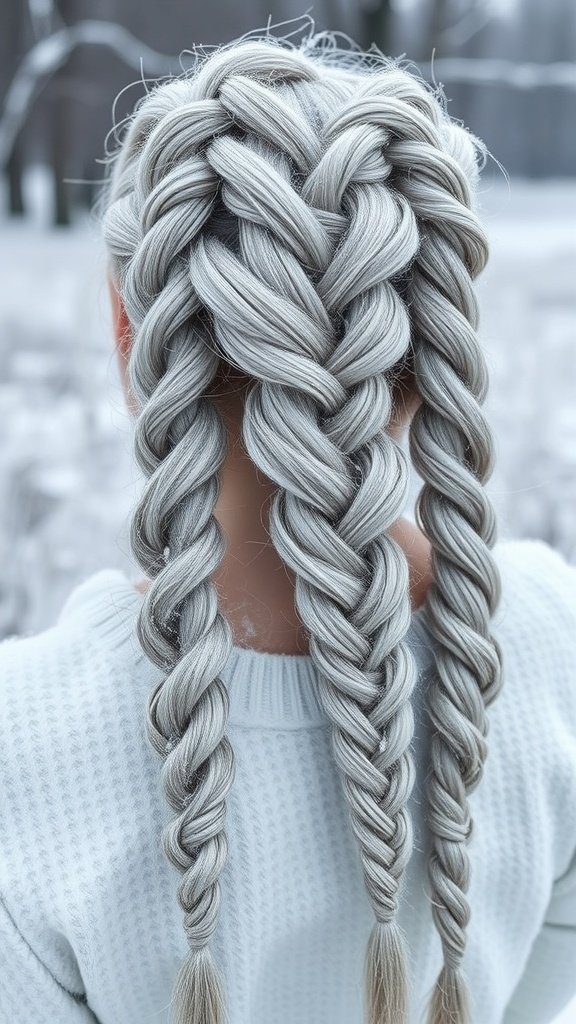 A person with icy silver knotless braids styled in two thick braids, wearing a white sweater in a snowy background.