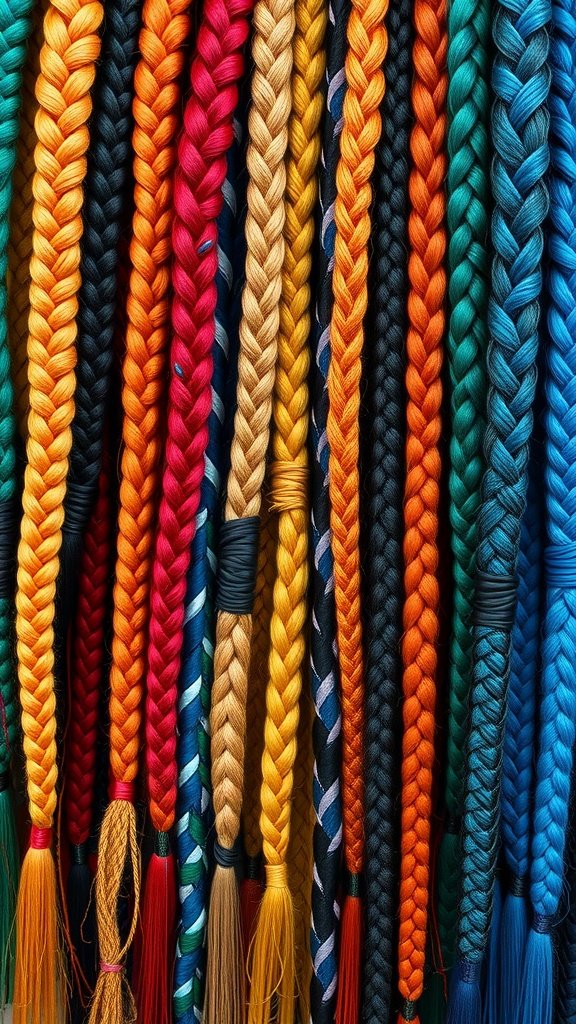 A colorful display of braided strands in various shades including yellow, blue, red, and brown.