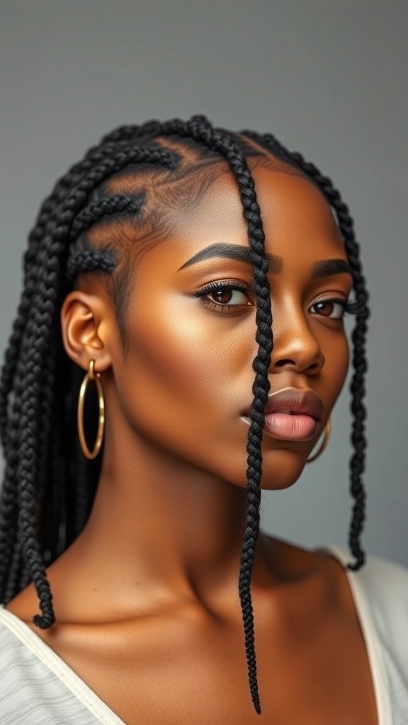 A close-up of a woman with jumbo knotless box braids, showcasing a sleek hairstyle and natural beauty.