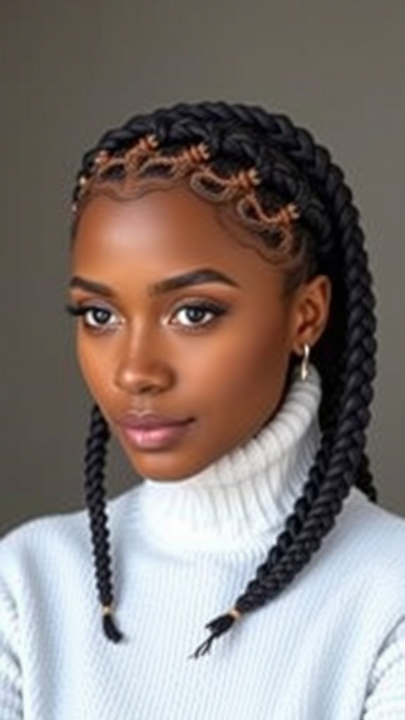 A woman with jumbo knotless box braids styled with a braided hairband, wearing a white turtleneck.