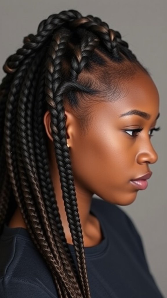 A woman with jumbo knotless box braids styled with a chic side braid.