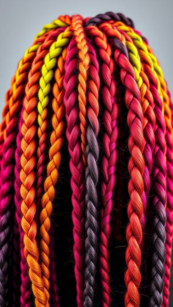 Colorful jumbo knotless box braids in vibrant hues of orange, pink, and purple.