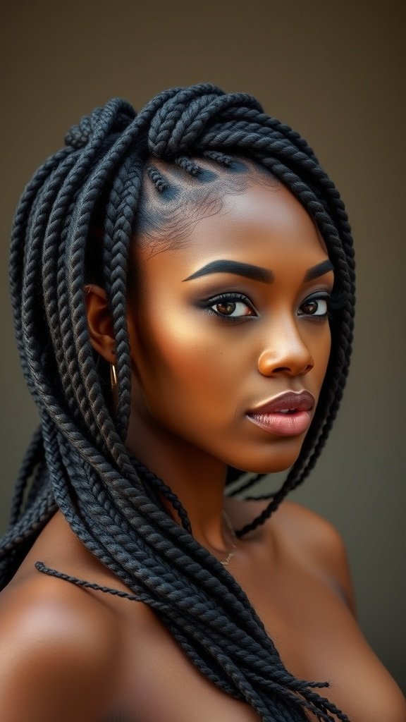 A woman with jumbo knotless box braids styled in a dramatic side sweep.