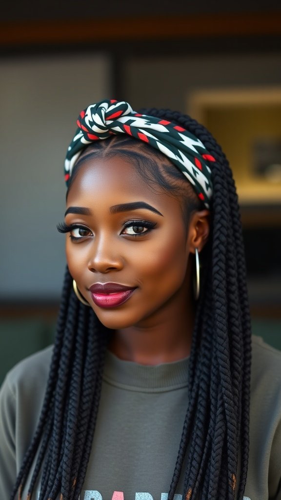 A woman with jumbo knotless box braids wearing a stylish headband