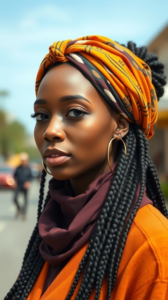A woman with jumbo knotless box braids wearing a vibrant headscarf.