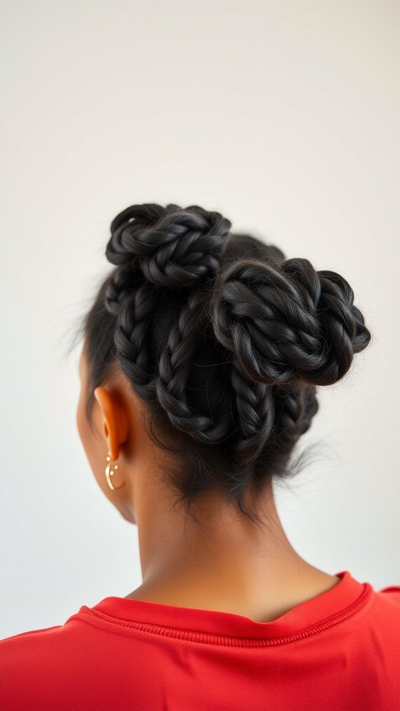 A woman with jumbo knotless box braids styled into a messy bun, showcasing a stylish and casual look.