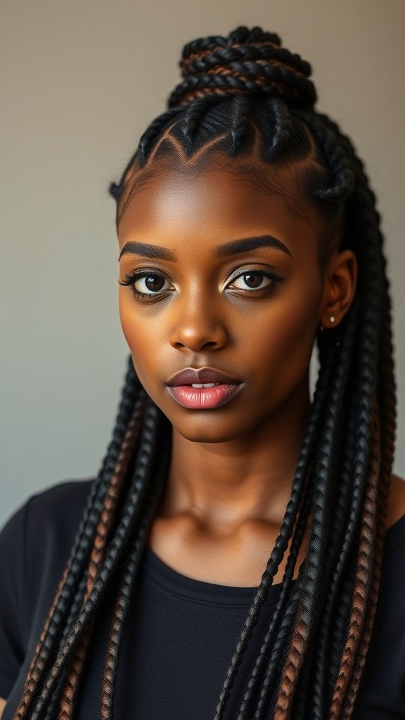 A woman with jumbo knotless box braids styled in a top knot, showcasing a retro vibe.