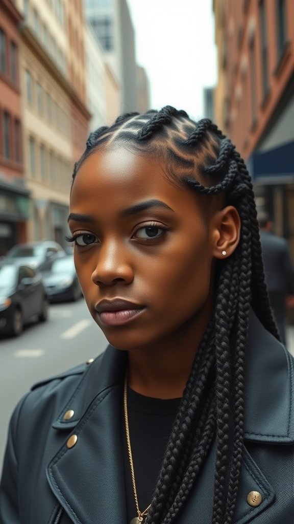 A person with jumbo knotless box braids styled with a side part, showcasing a confident look in an urban setting.
