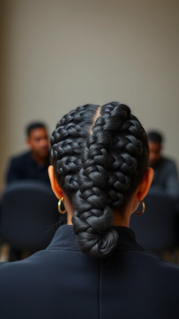 A woman with jumbo knotless box braids styled in a sleek low bun, showcasing elegance and sophistication.