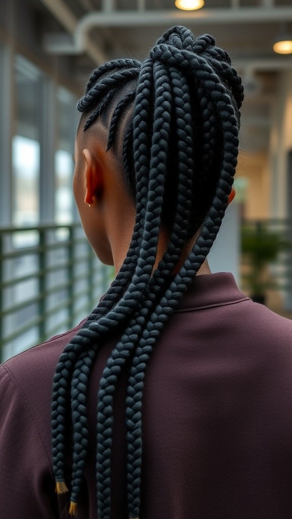 A person with jumbo knotless box braids styled in a sleek ponytail, showcasing the length and texture of the braids.