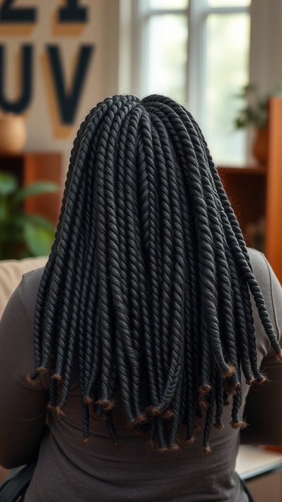 A person with jumbo knotless box braids featuring soft curls at the ends, viewed from the back.