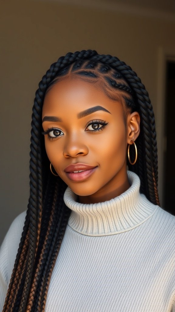 A woman with jumbo knotless box braids wearing a statement hair clip, showcasing a stylish look.