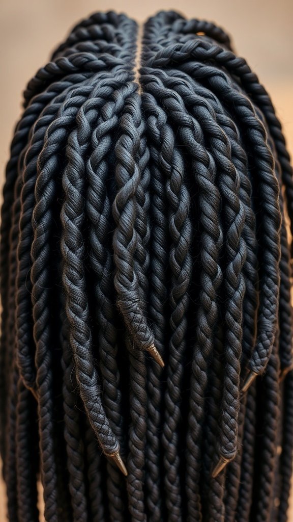 Close-up of jumbo knotless box braids with a twist, showcasing thick, neatly arranged braids.