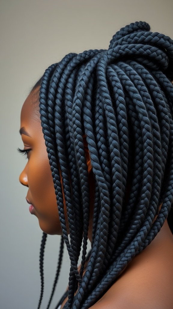 A side profile of a person with jumbo knotless box braids, showcasing their length and artistic arrangement.