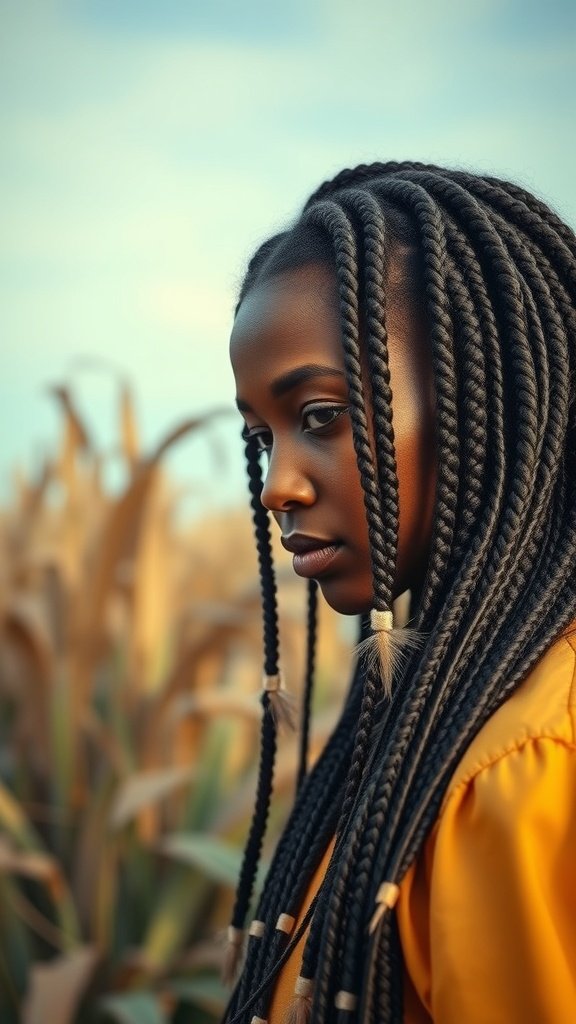 A model showcasing jumbo knotless box braids with feathered ends in a natural setting.