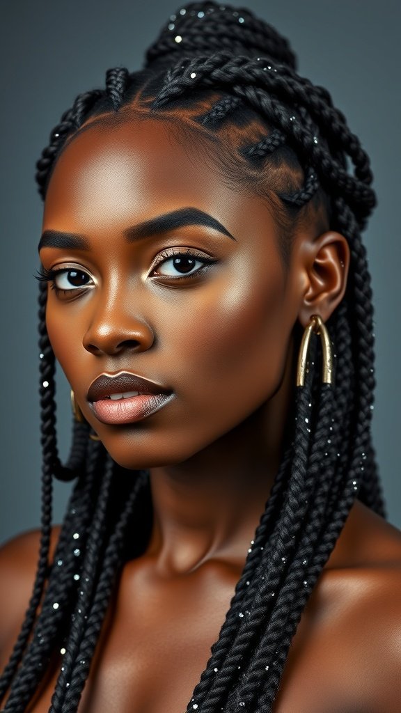 A model showcasing jumbo knotless box braids adorned with glitter, highlighting a stylish and protective hairstyle.