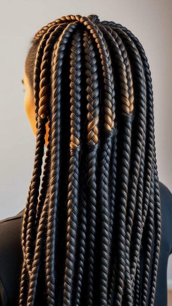 A close-up view of long jumbo knotless box braids with highlights, showcasing a sleek and stylish hairstyle.