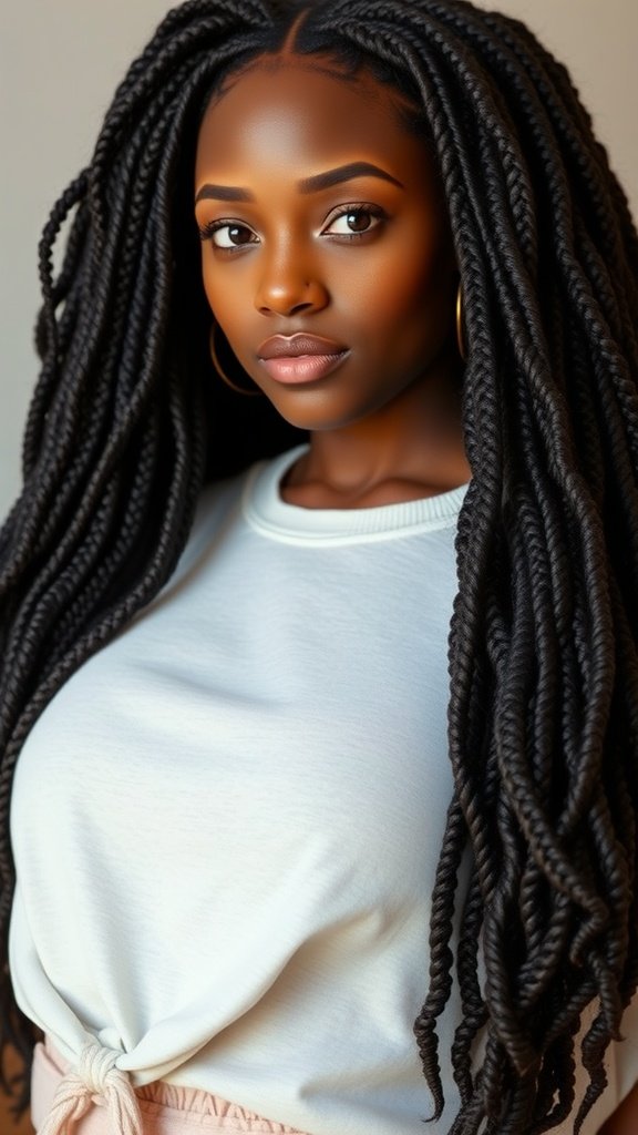 A person with jumbo knotless box braids styled with loose waves, looking confidently at the camera.