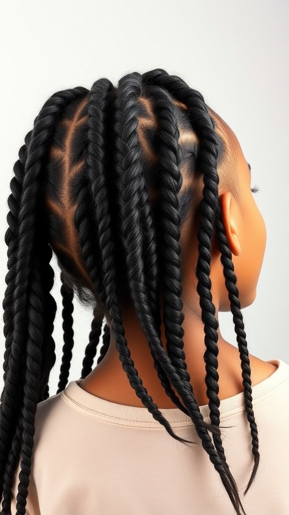 A close-up view of a person with jumbo knotless box braids styled with side braids.