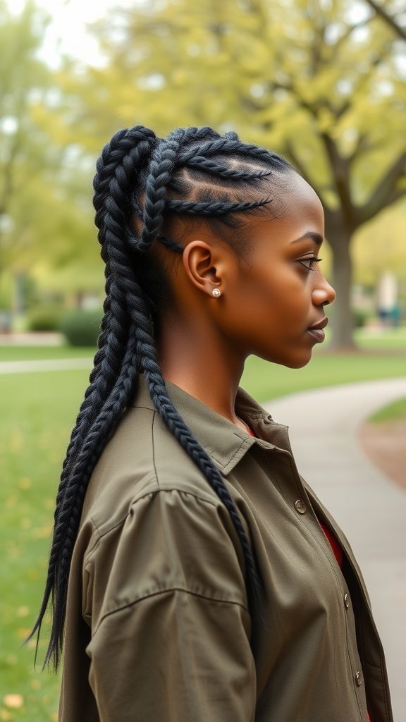 A woman with jumbo knotless braids styled in a low ponytail, showcasing a chic and polished look.