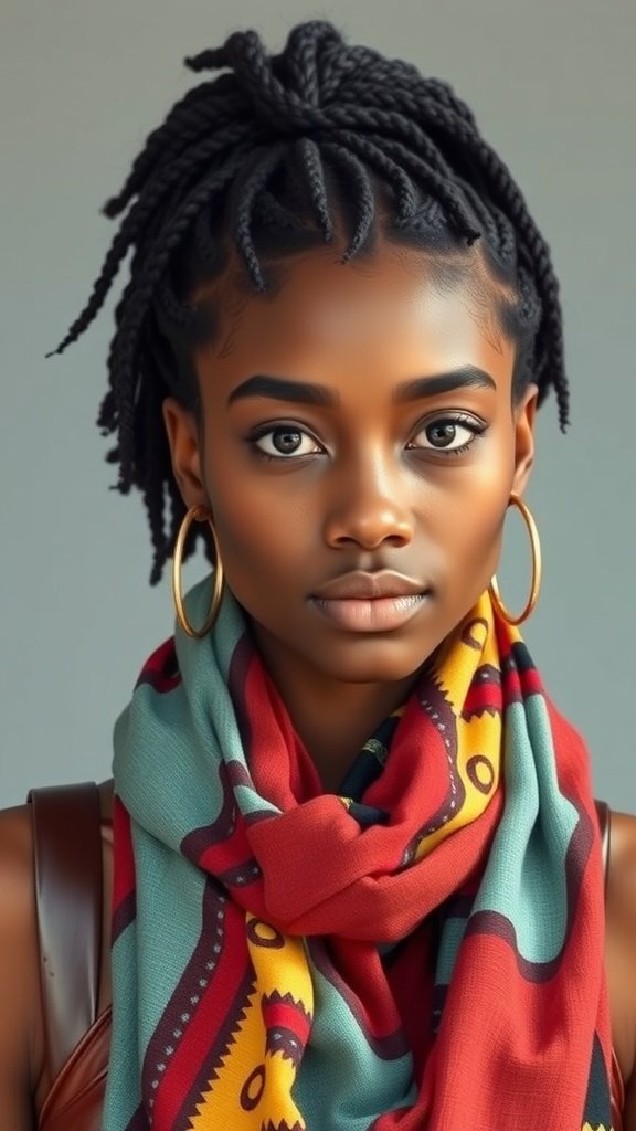 A model with jumbo knotless braids wearing a colorful scarf