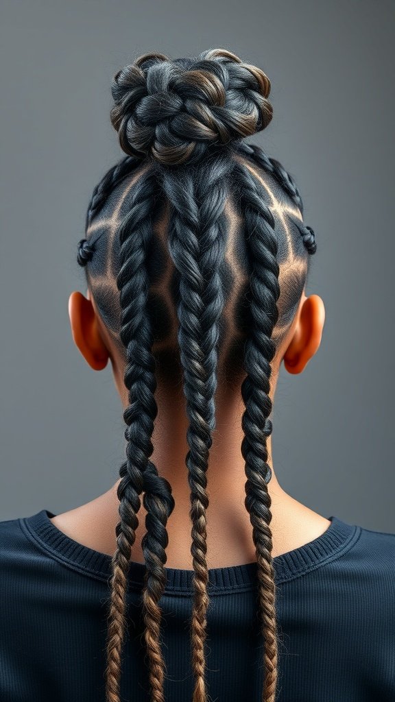 A stylish back view of a person with jumbo knotless braids arranged in a funky design, featuring a top knot and contrasting colors.