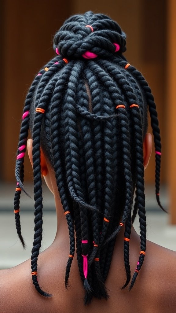 A close-up view of jumbo knotless box braids styled with neon accents, showcasing a vibrant and playful hairstyle.