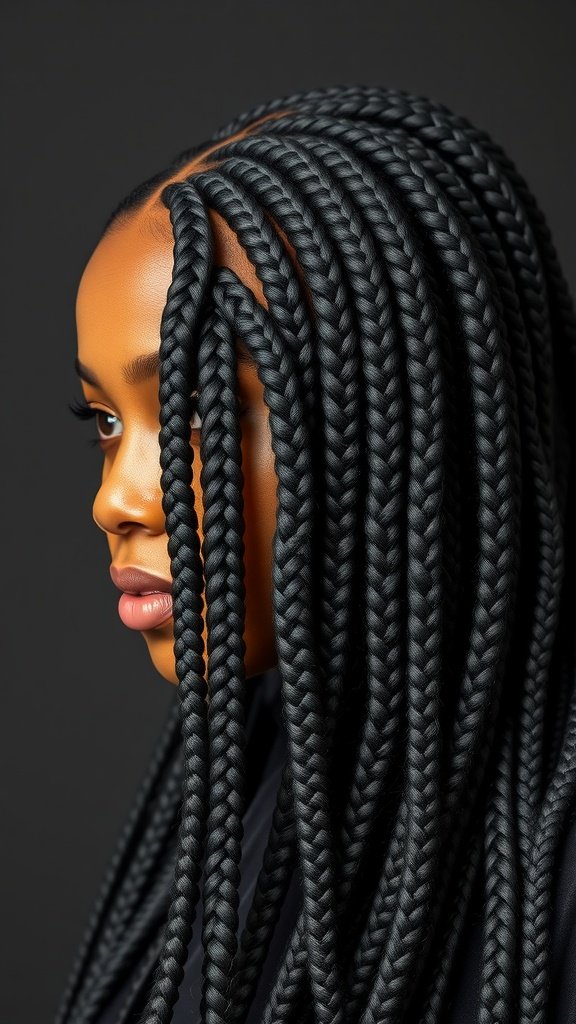 A close-up of a person with jumbo knotless braids, showcasing a sleek finish.