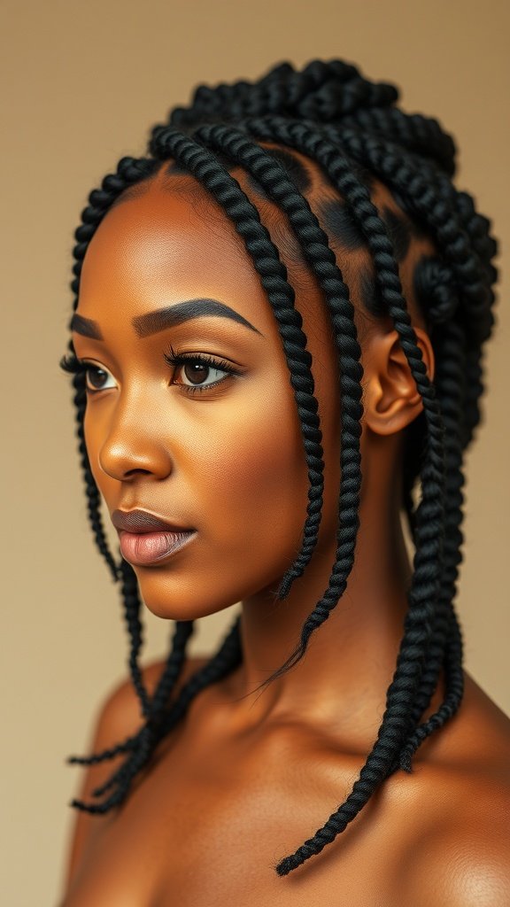 A close-up of a woman with jumbo knotless box braids styled with a vintage flair.