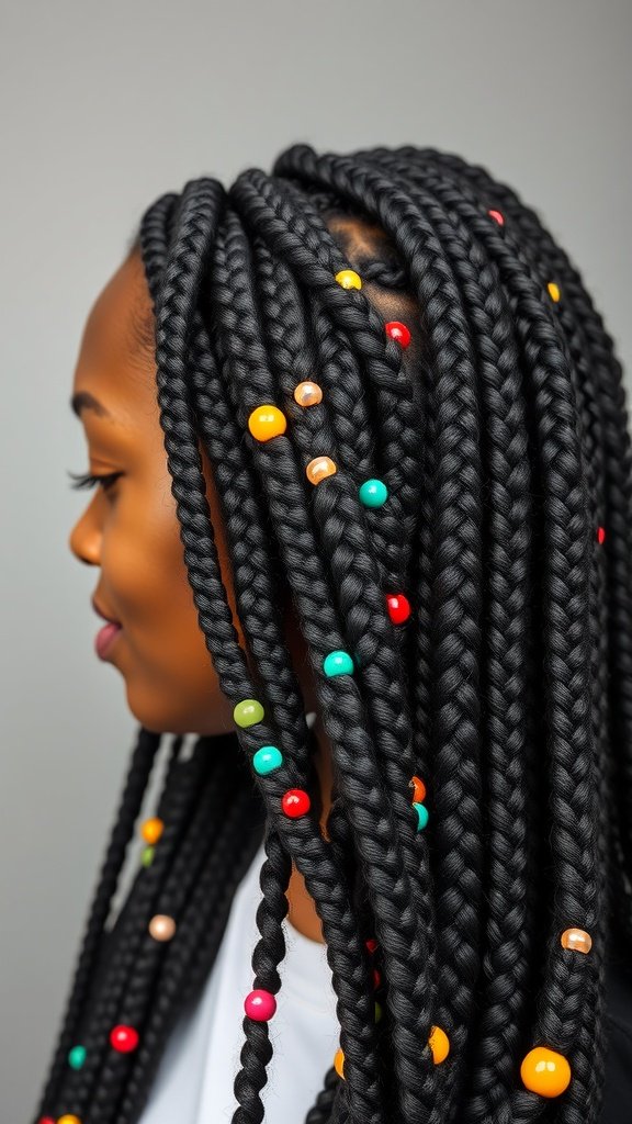 A woman with long jumbo knotless box braids adorned with colorful beads.