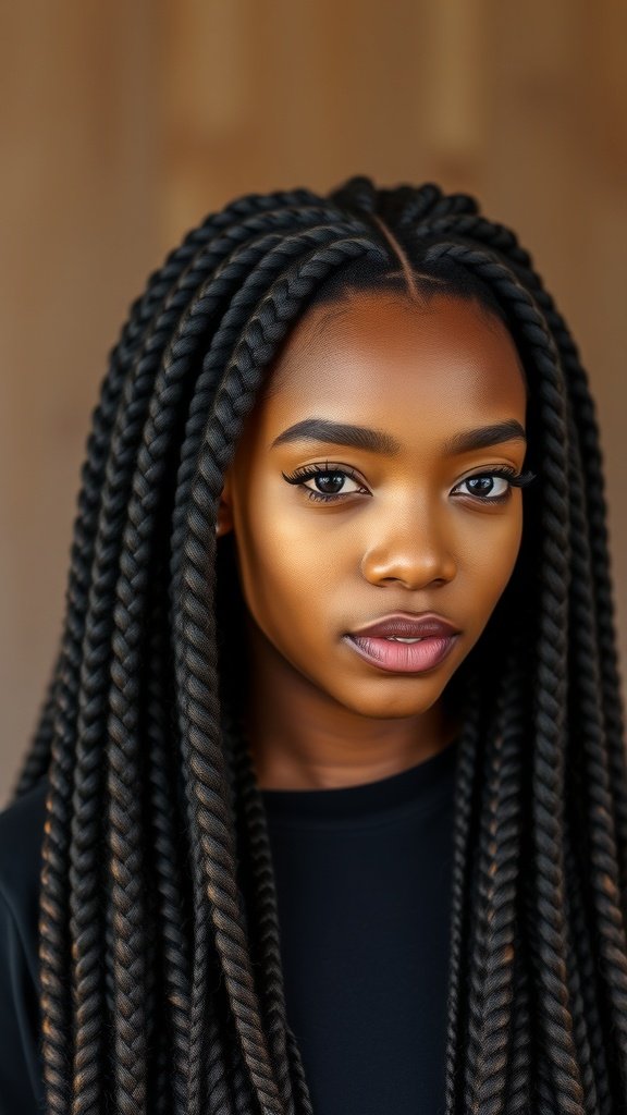 A close-up of a person with jumbo knotless braids featuring chunky highlights.