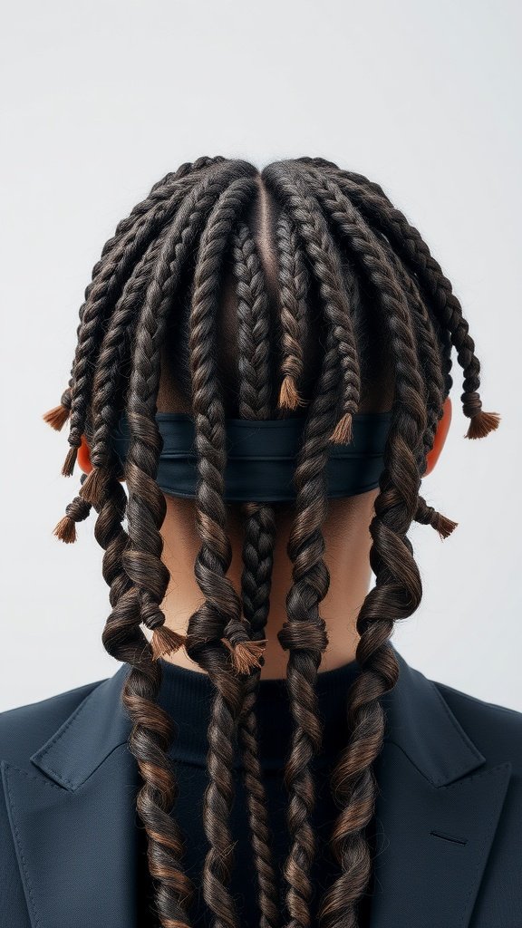 A close-up of a person with jumbo knotless braids that have curly ends, styled elegantly.