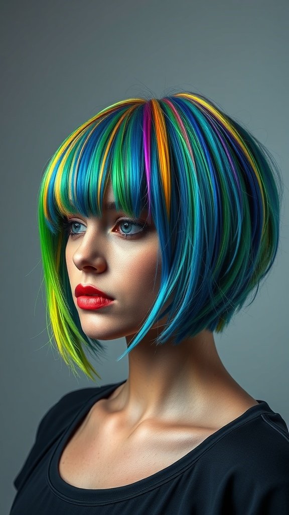 A woman with a vibrant knotless bob hairstyle featuring bold colors like blue, green, yellow, and purple.