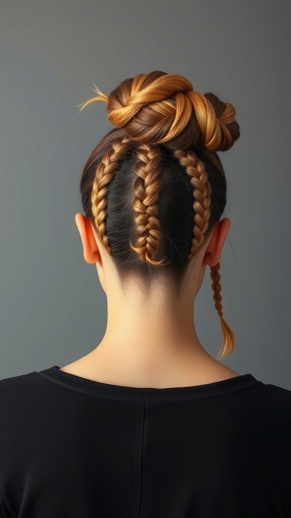 A woman with a stylish knotless bob hairstyle featuring braids and a bun on top.
