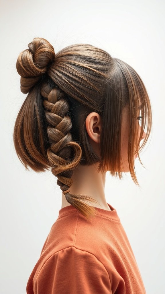 A stylish knotless bob hairstyle featuring a braided ponytail and a top knot.