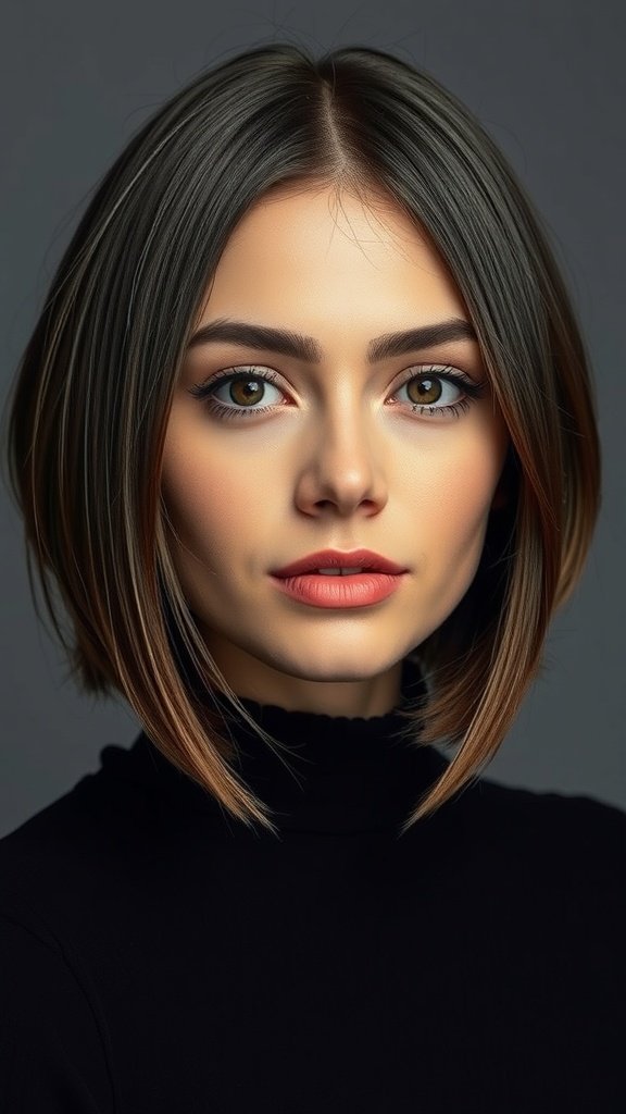 A close-up of a woman with a stylish knotless bob hairstyle featuring a center part.