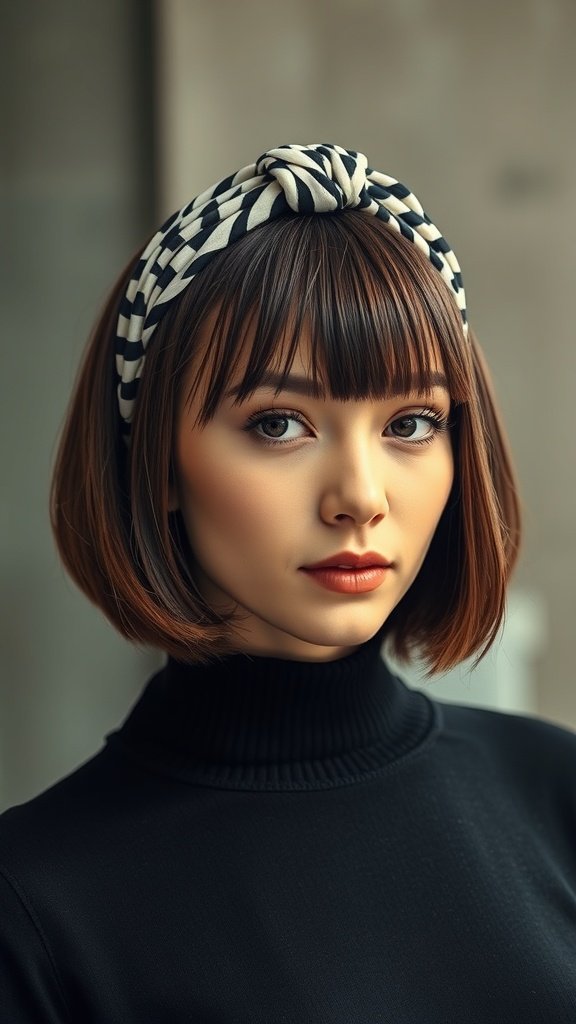 A woman with a stylish knotless bob hairstyle and a chic headband.
