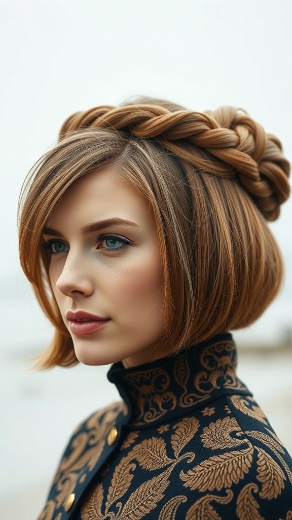 A woman with a knotless bob hairstyle featuring a crown braid, showcasing a chic and elegant look.