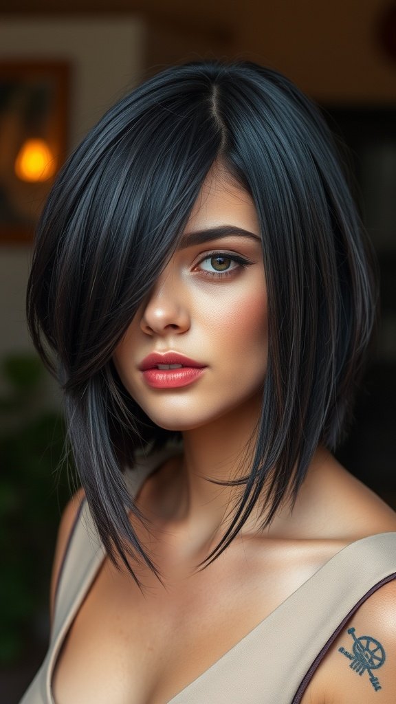 A woman with a sleek knotless bob hairstyle featuring a deep middle part.
