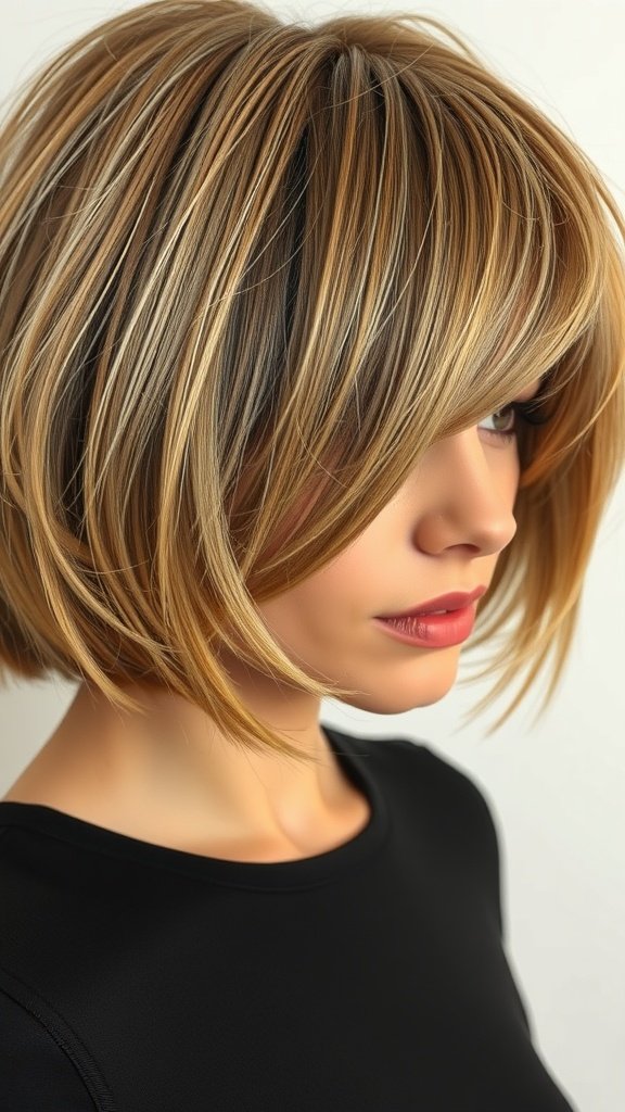 A stylish woman with a voluminous knotless bob hairstyle, showcasing layers and highlights.