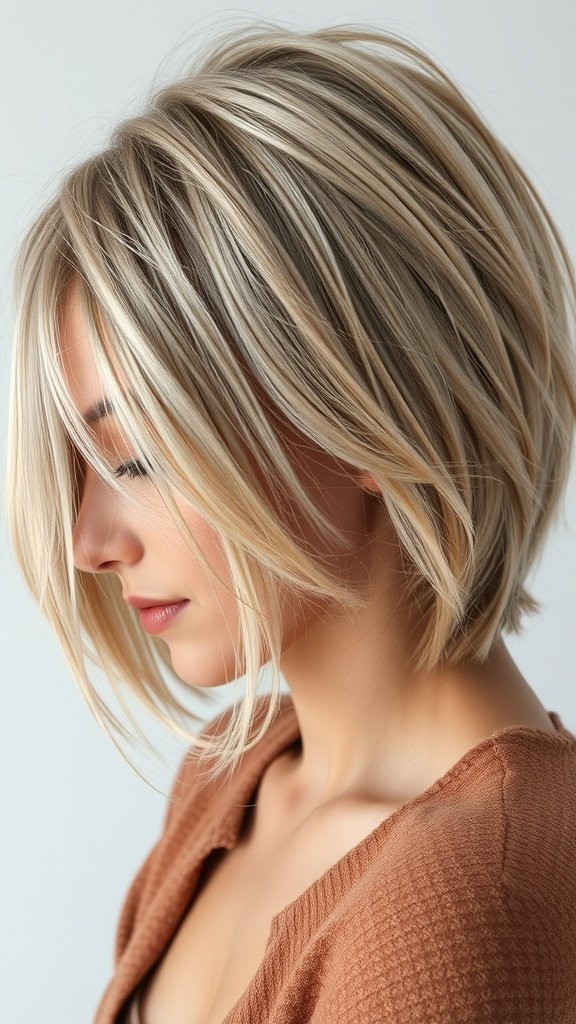 A stylish knotless bob hairstyle with feathered layers, showcasing soft highlights and movement.