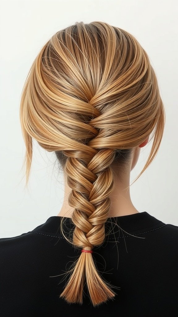 A woman with a knotless bob hairstyle featuring a fishtail braid at the back.