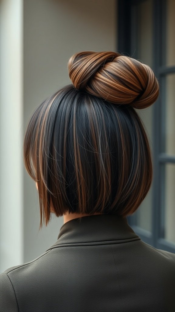 A stylish knotless bob hairstyle with a high bun, showcasing a sleek bob cut and elegant top knot.