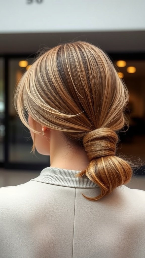 A stylish low ponytail with a knotless bob hairstyle, showcasing smooth, highlighted hair.